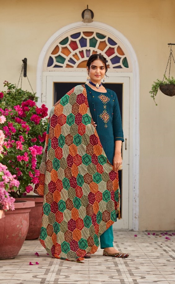 Ethnic Designed Kurti Set with Bandhej Dupatta - Peacock Blue - Peacock Green