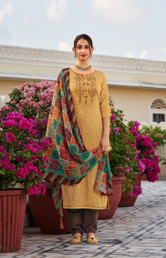 Ethnic Designed Kurti Set with Bandhej Dupatta - Biege - Brown