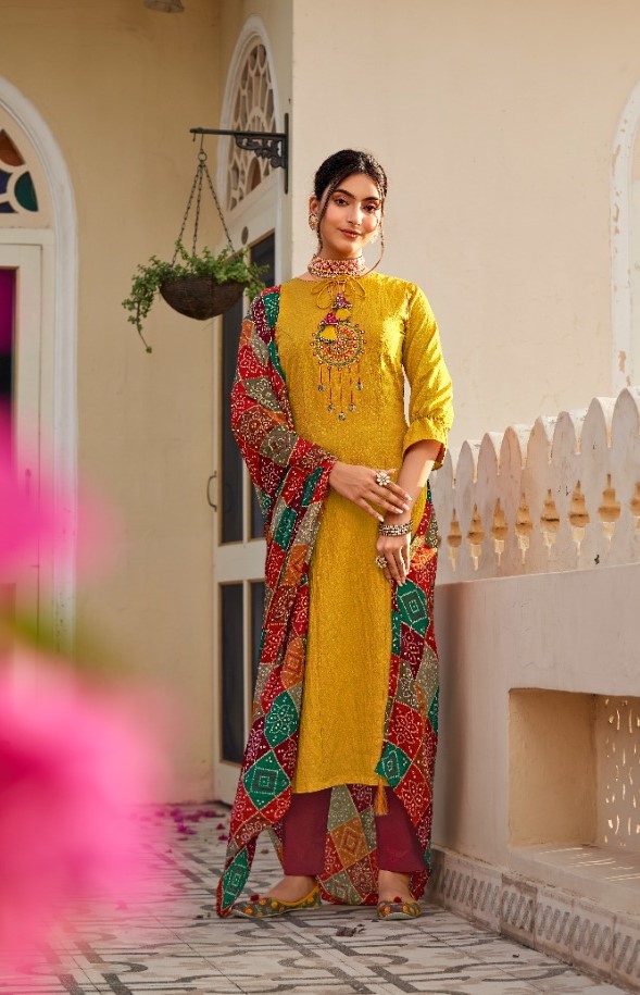 Ethnic Designed Kurti Set with Bandhej Dupatta - Yellow - Maroon